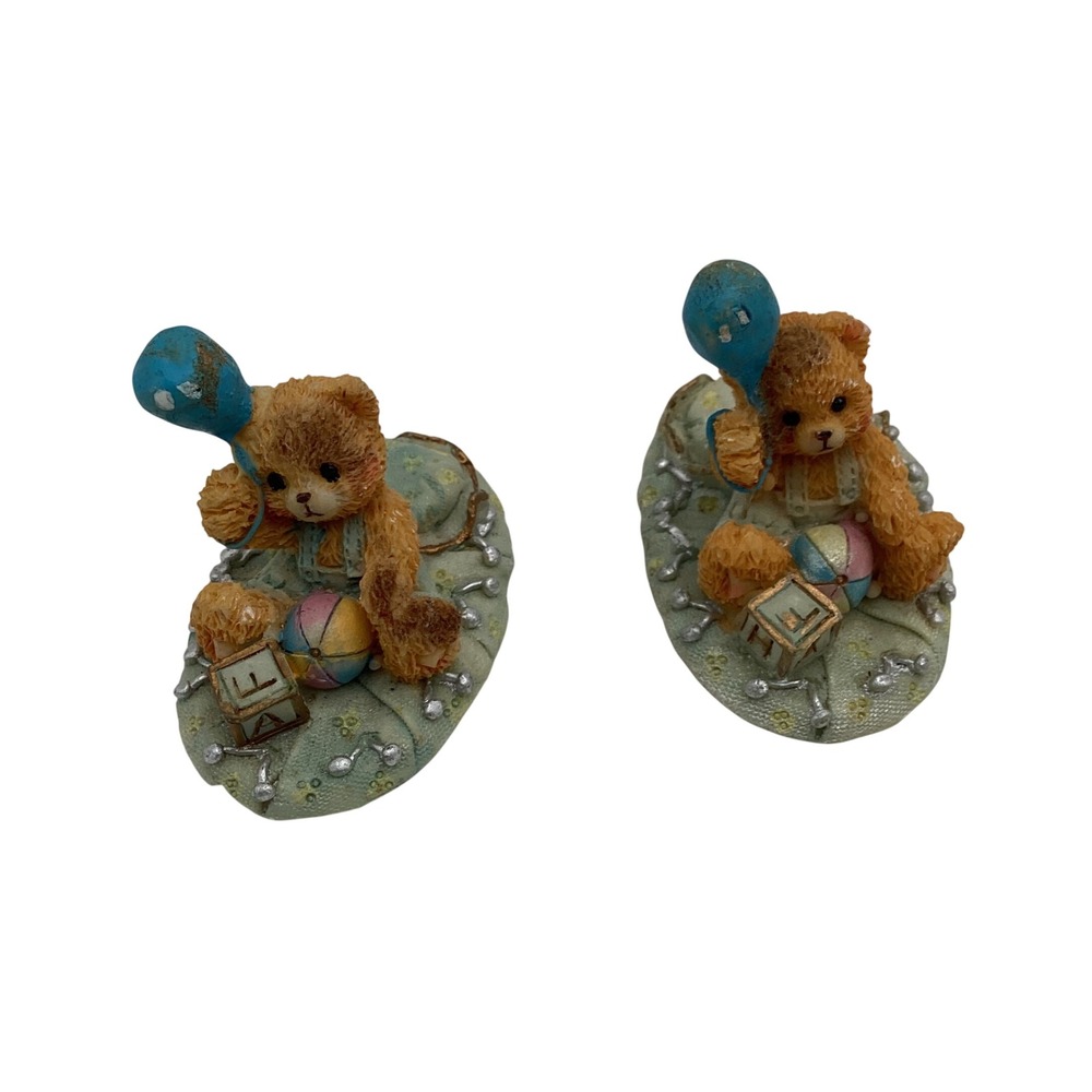 Vintage Resin Teddy Bear Figurines Pair Nursery Decor with Balloon and‎ Blocks